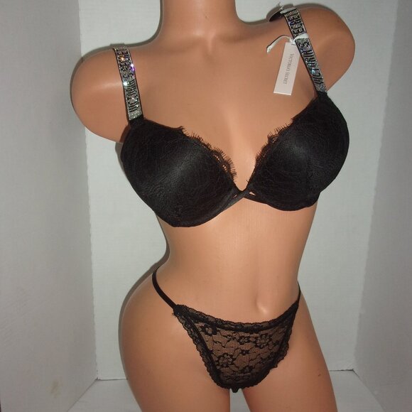 Victoria's Secret Shine Strap Bombshell +2 Cups Bra & Lace Thong 34B/M - Picture 1 of 3